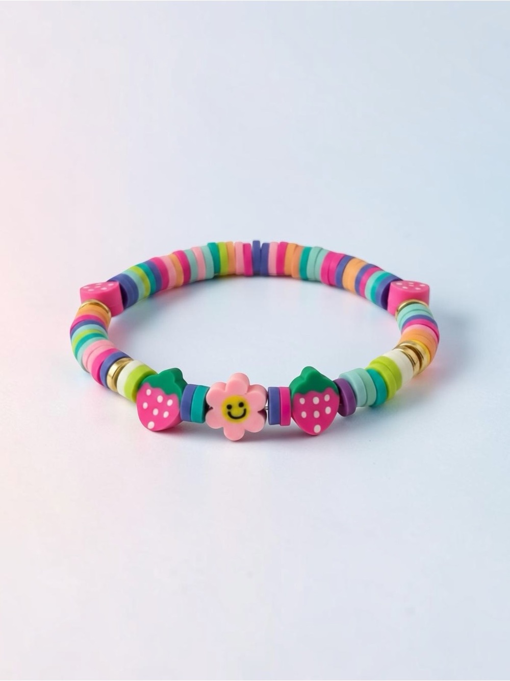 Multicolor Heishi Beaded Stretch Bracelet Strawberry & Flower Charms Stackable - Picture 3 of 3
